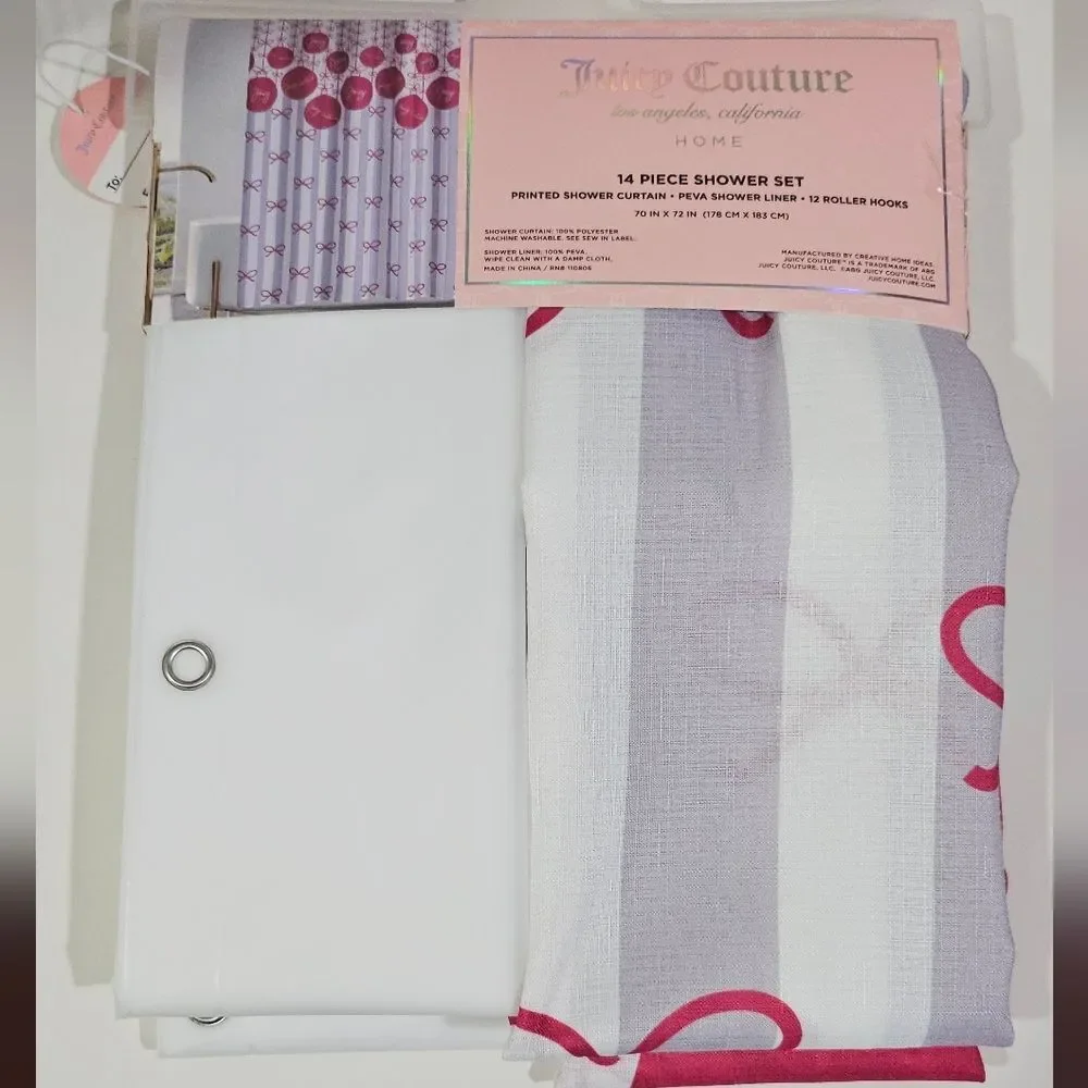 Juicy Couture Shower Curtain Cute Pink Lilac White Stripes And Bows Shower Set